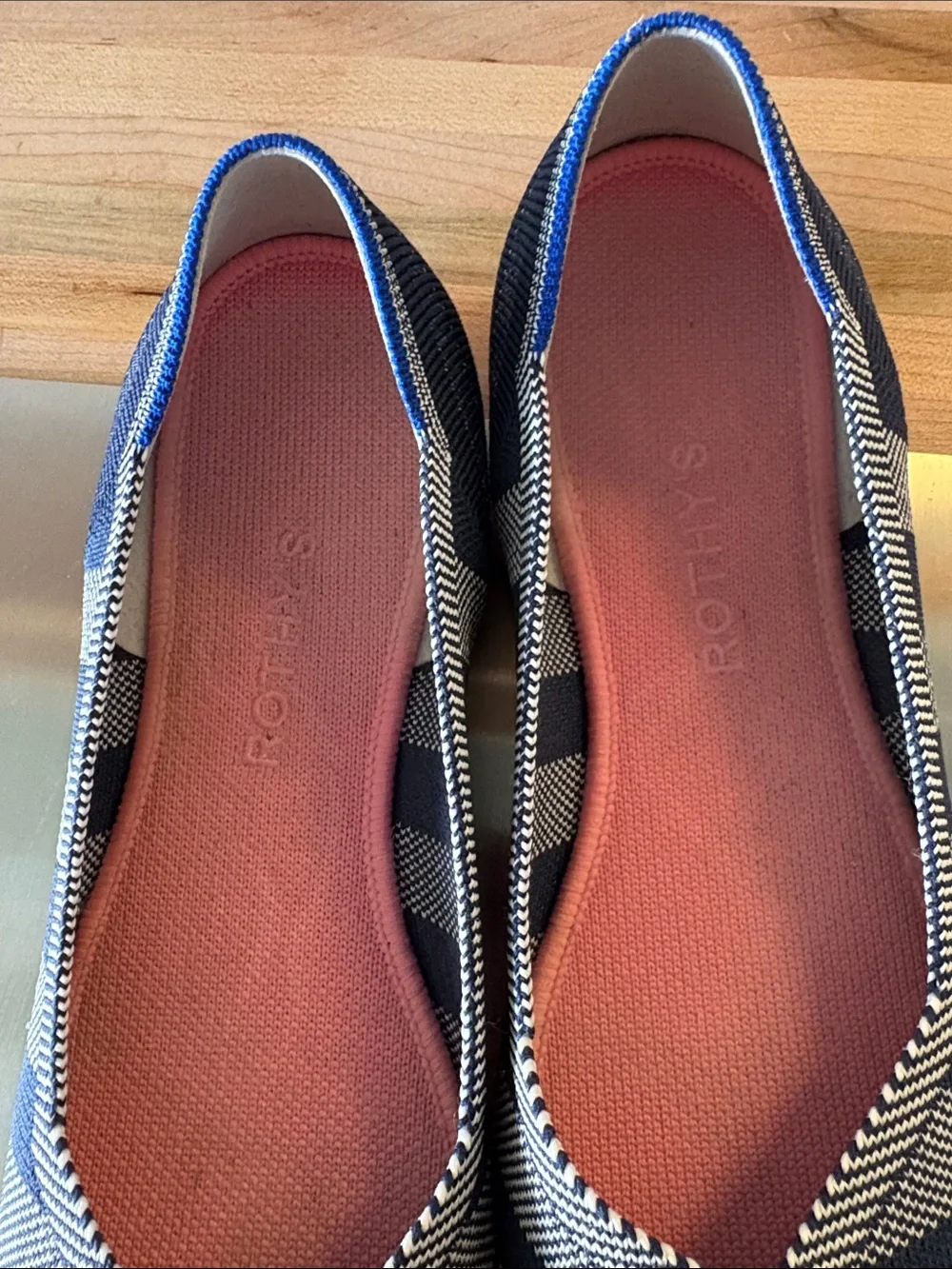 Rothy's Navy Blue and White Striped Ballet Flats with Rust Insole - Picture 2 of 5